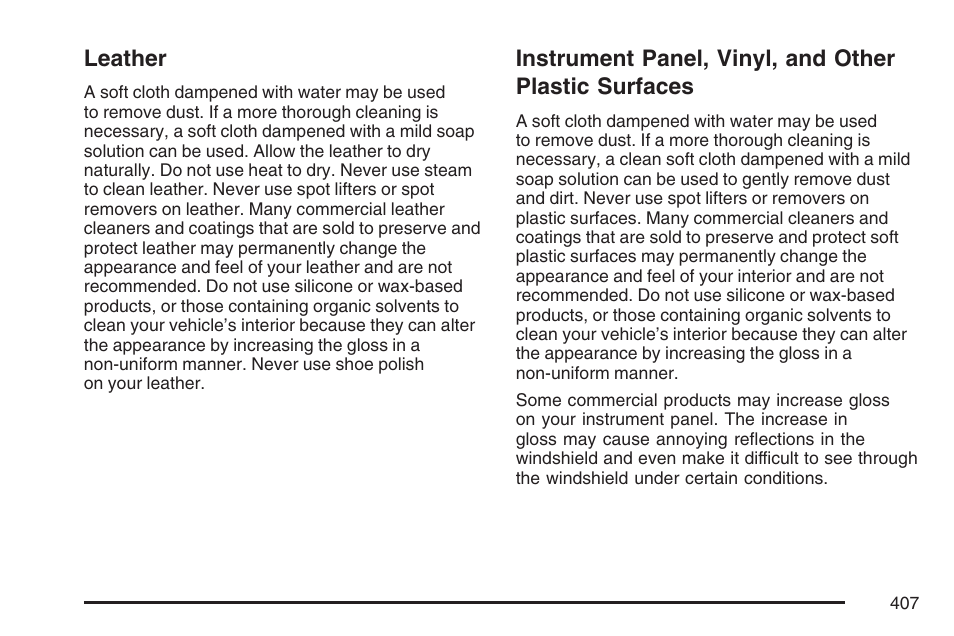 Leather, Leather instrument panel, vinyl, and other plastic, Surfaces | Pontiac 2007 G6 User Manual | Page 407 / 486