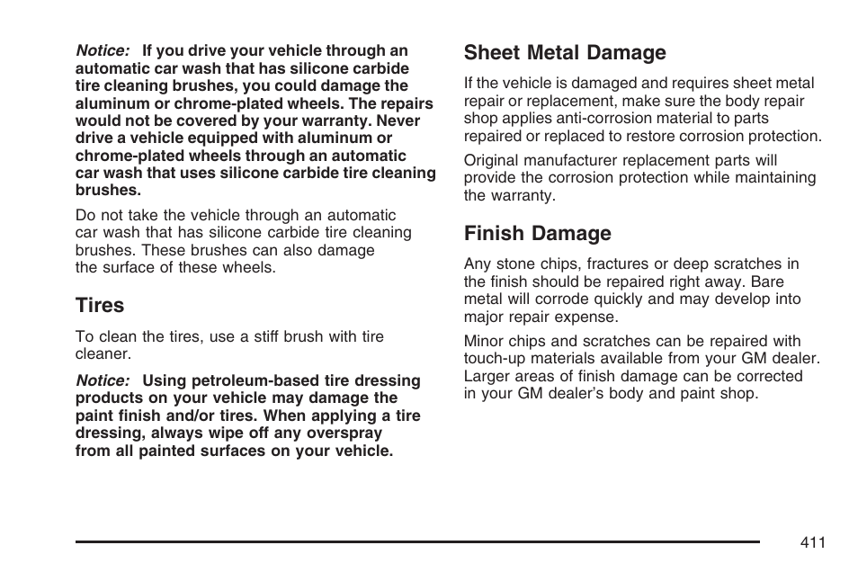 Tires, Sheet metal damage, Finish damage | Tires sheet metal damage finish damage | Pontiac 2007 G6 User Manual | Page 411 / 486