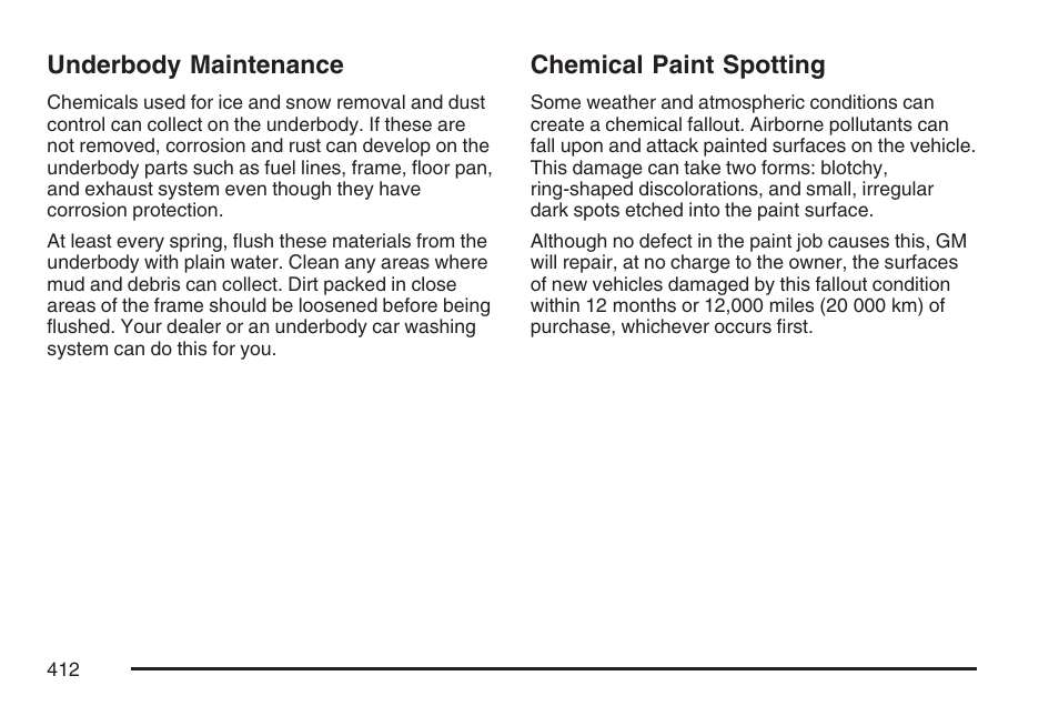 Underbody maintenance, Chemical paint spotting, Underbody maintenance chemical paint spotting | Pontiac 2007 G6 User Manual | Page 412 / 486