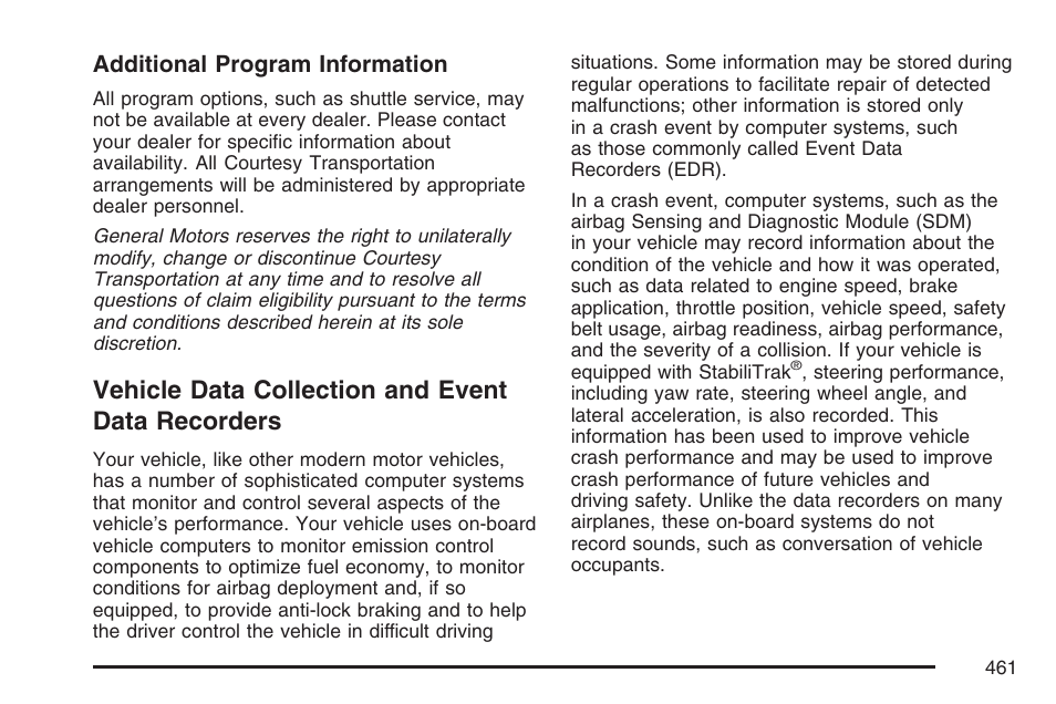 Vehicle data collection and event data recorders, Vehicle data collection and event, Data recorders | Additional program information | Pontiac 2007 G6 User Manual | Page 461 / 486