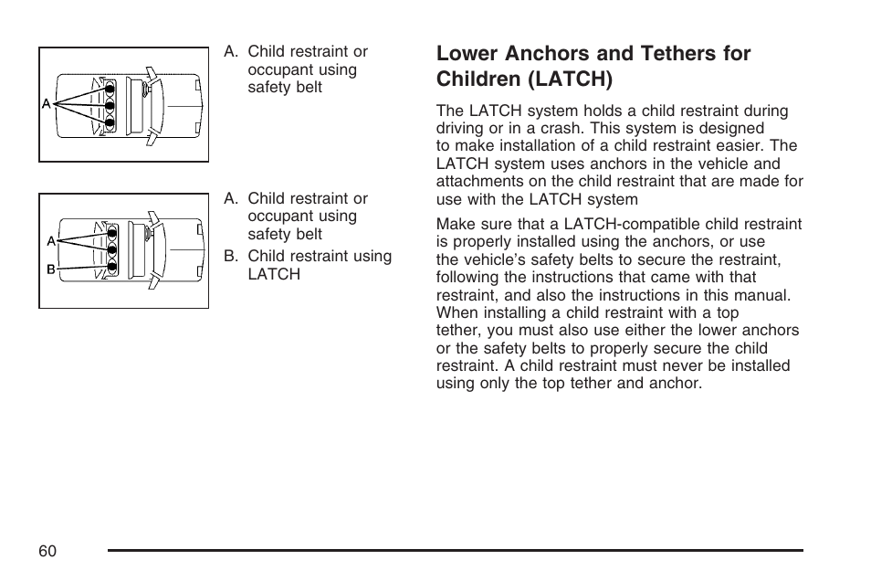 Lower anchors and tethers for children (latch), Lower anchors and tethers for, Children (latch) | Pontiac 2007 G6 User Manual | Page 60 / 486