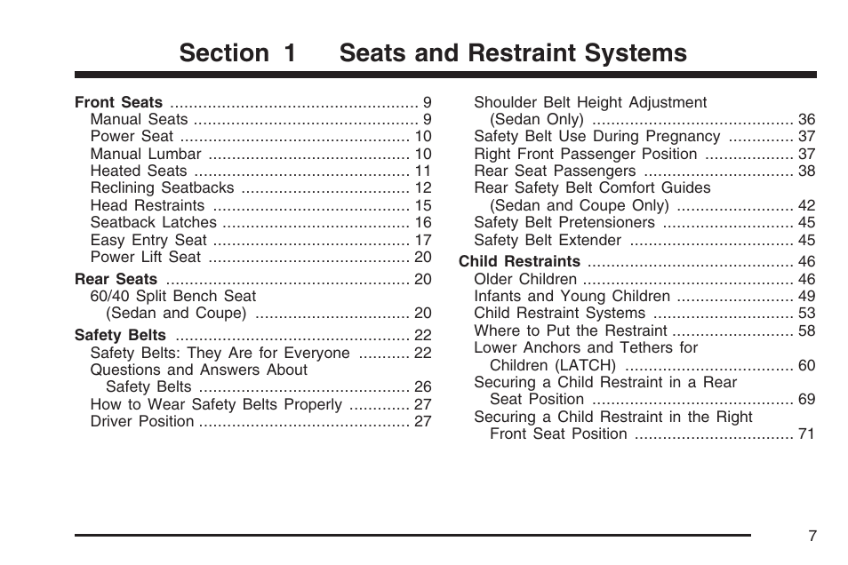 Seats and restraint systems | Pontiac 2007 G6 User Manual | Page 7 / 486