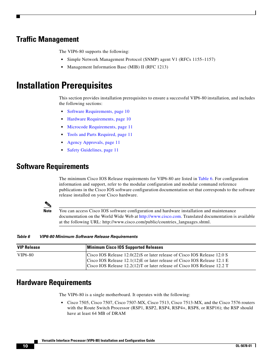 Traffic management, Installation prerequisites, Software requirements | Hardware requirements | Cisco (VIP6-80) User Manual | Page 10 / 40
