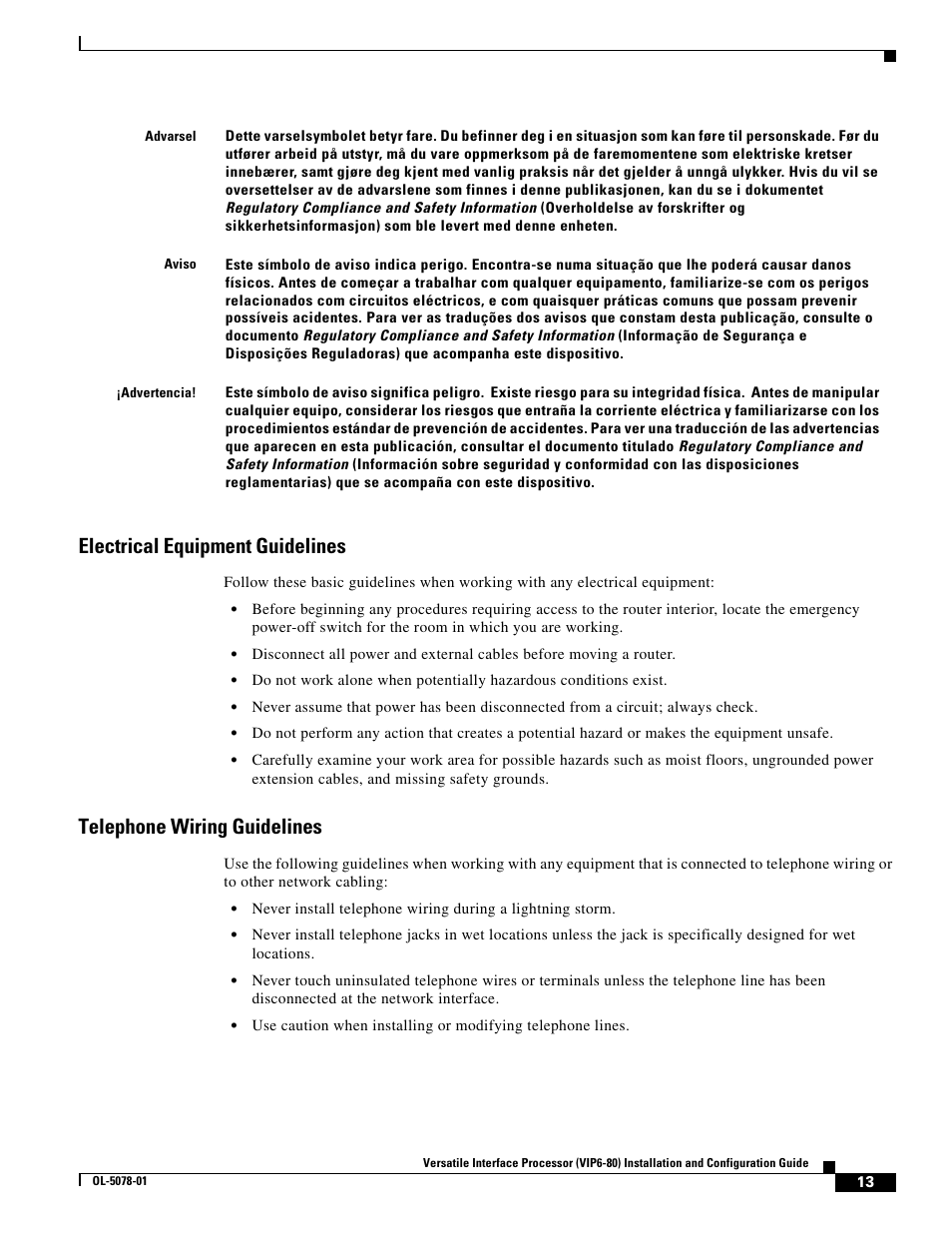 Electrical equipment guidelines, Telephone wiring guidelines | Cisco (VIP6-80) User Manual | Page 13 / 40