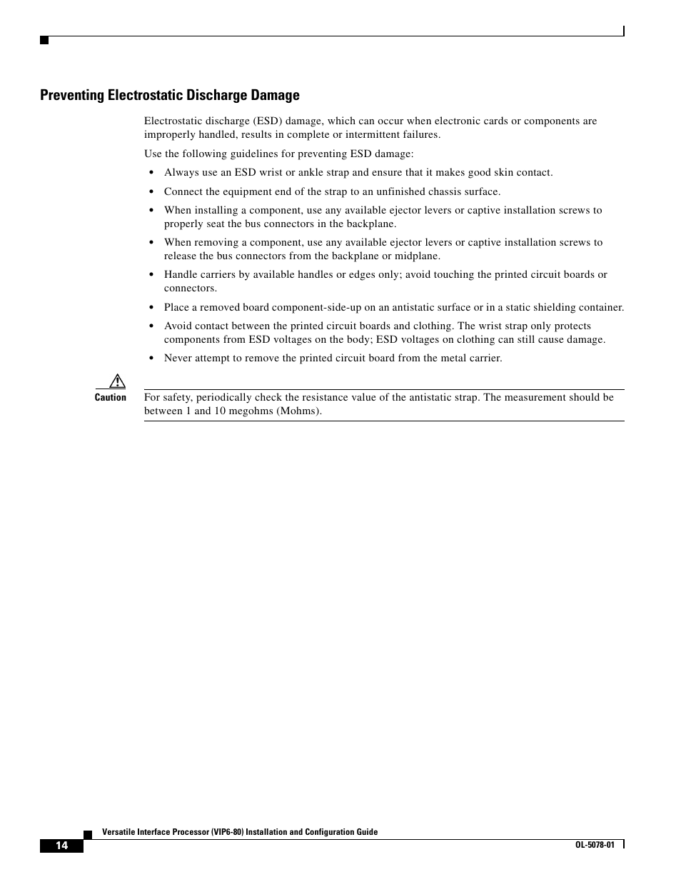 Preventing electrostatic discharge damage | Cisco (VIP6-80) User Manual | Page 14 / 40