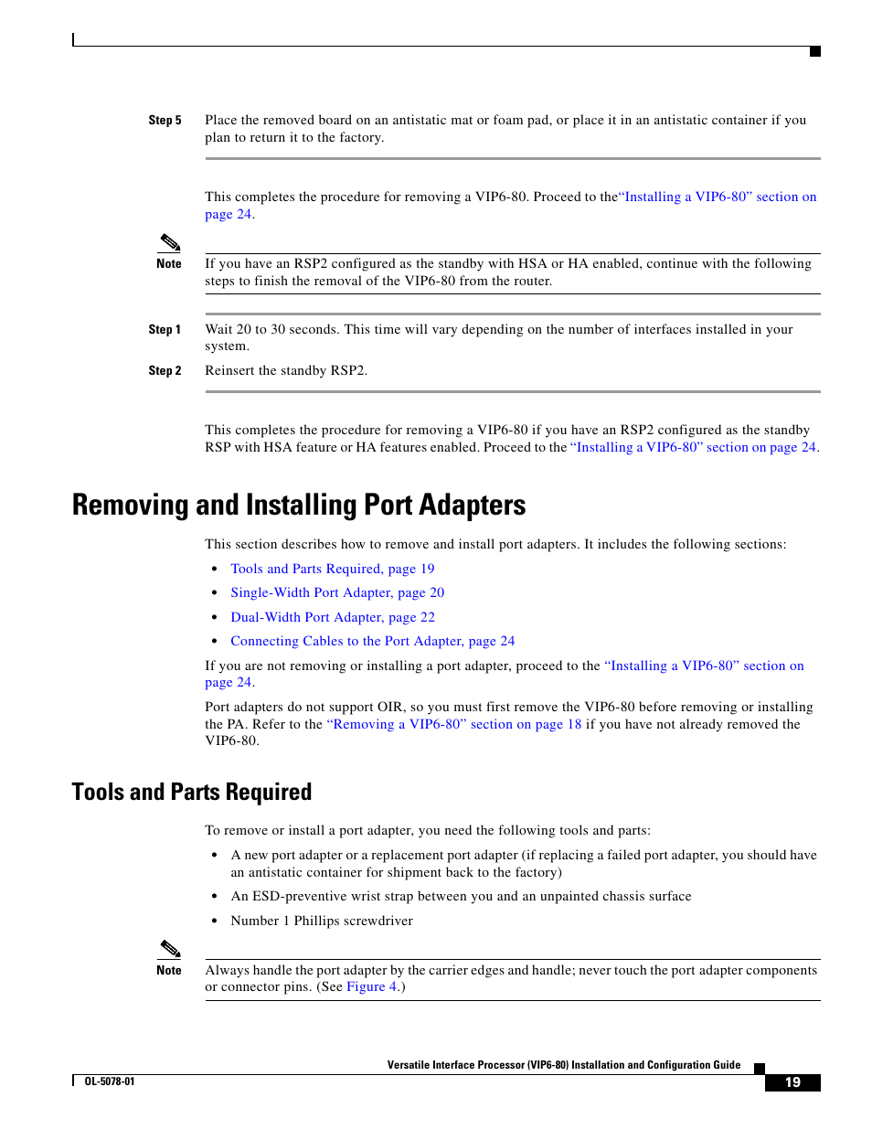 Removing and installing port adapters, Tools and parts required | Cisco (VIP6-80) User Manual | Page 19 / 40