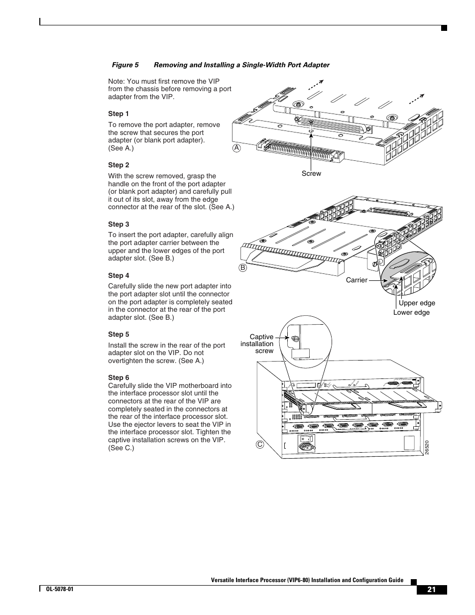 Screw lower edge carrier upper edge, Ab c captive installation screw | Cisco (VIP6-80) User Manual | Page 21 / 40