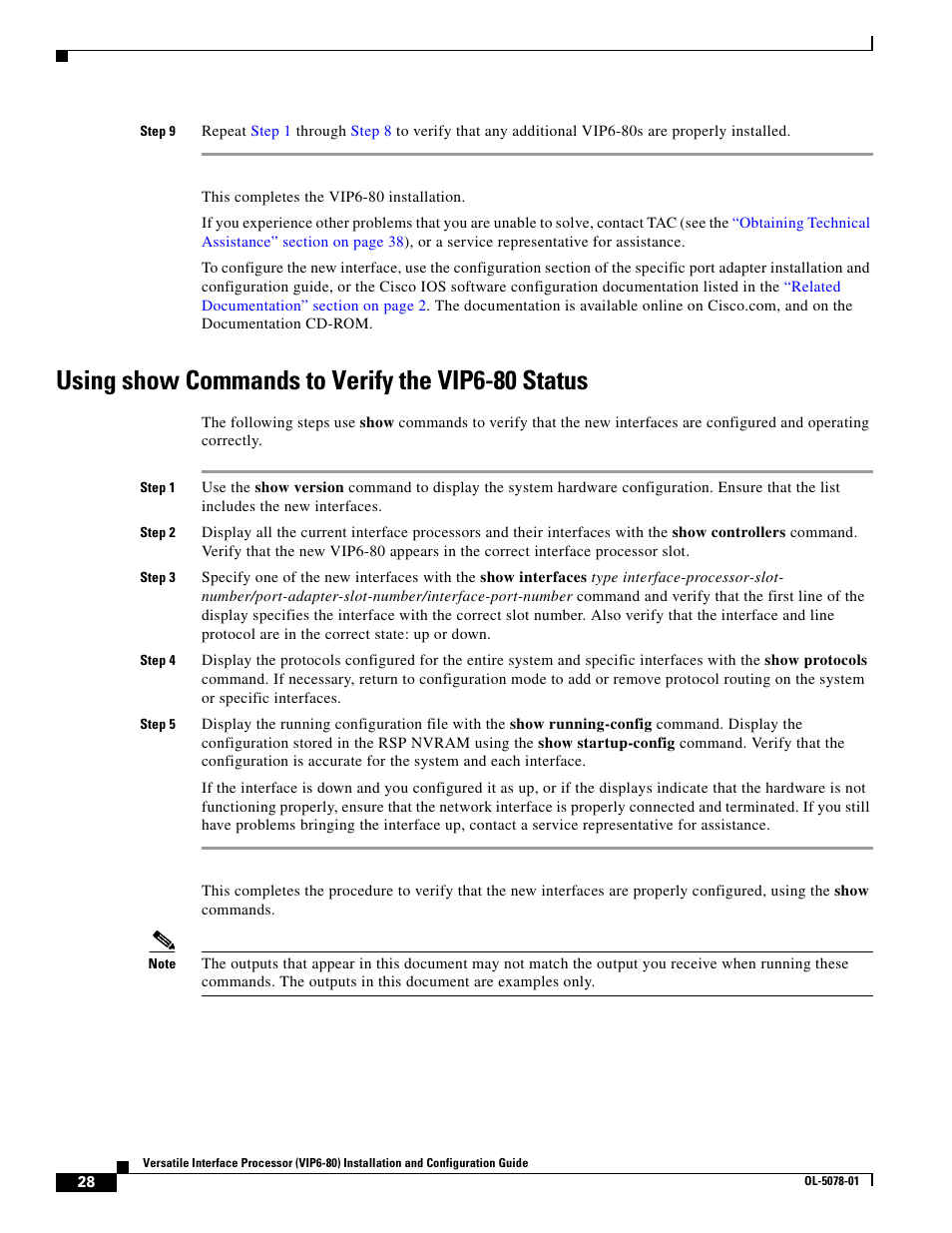 Using show commands to verify the vip6-80 status | Cisco (VIP6-80) User Manual | Page 28 / 40