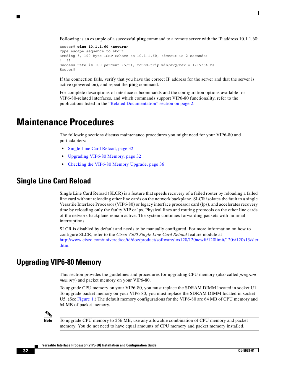 Maintenance procedures, Single line card reload, Upgrading vip6-80 memory | Single line card reload” section, Upgrading vip6-80 | Cisco (VIP6-80) User Manual | Page 32 / 40