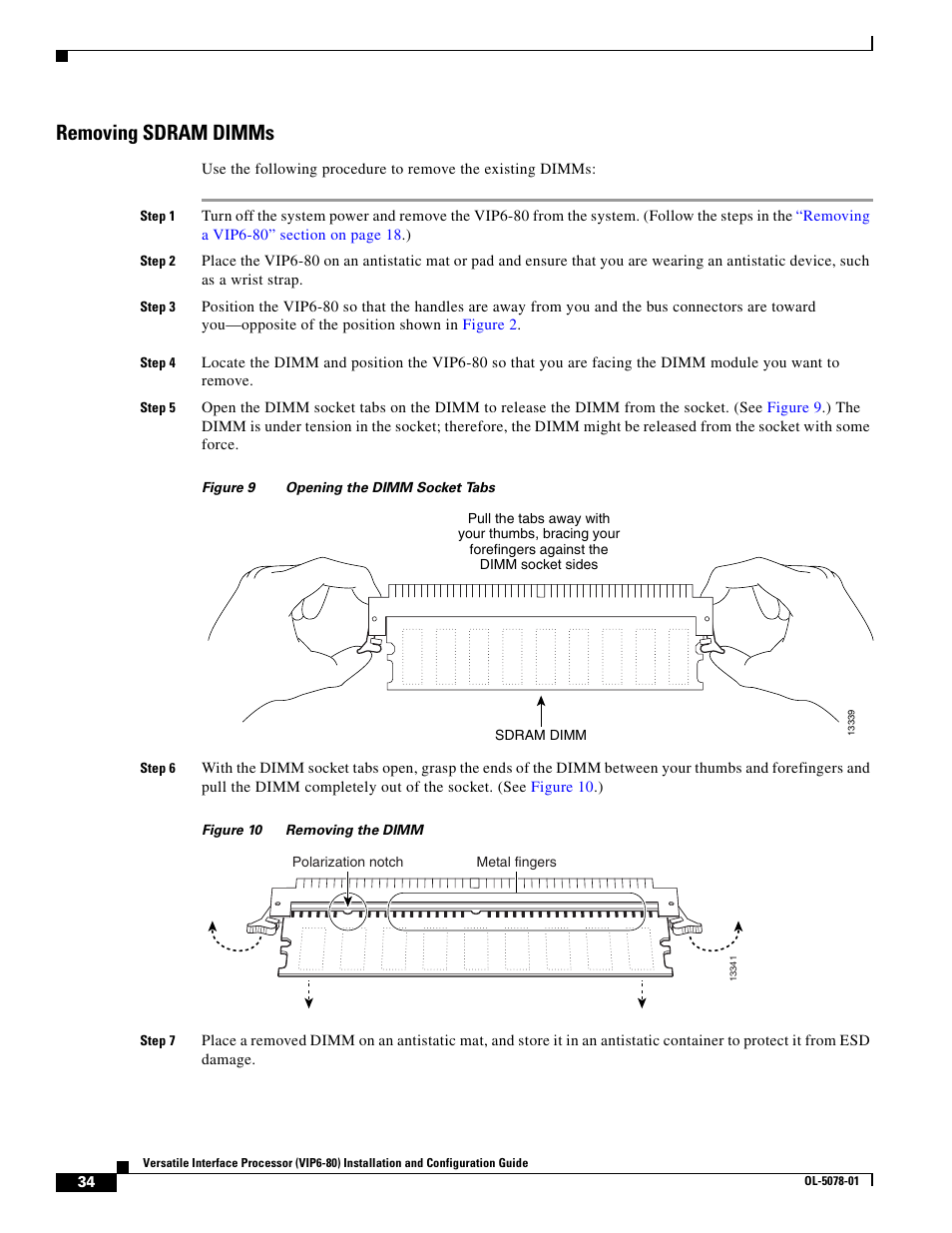 Removing sdram dimms | Cisco (VIP6-80) User Manual | Page 34 / 40