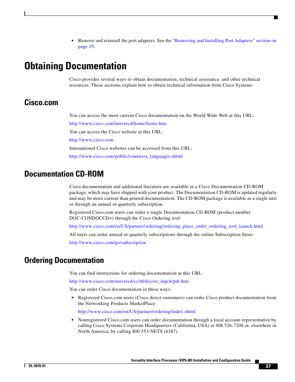 Obtaining documentation, Cisco.com, Documentation cd-rom | Ordering documentation | Cisco (VIP6-80) User Manual | Page 37 / 40