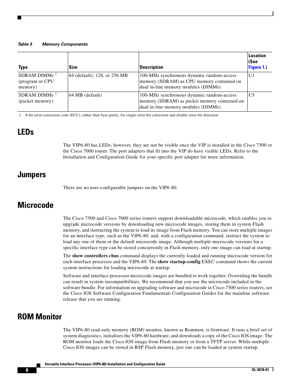 Leds, Jumpers, Microcode | Rom monitor, Table 3 | Cisco (VIP6-80) User Manual | Page 6 / 40