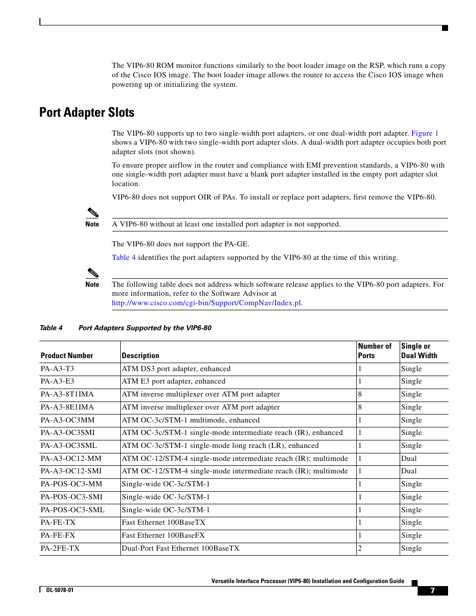 Port adapter slots, Port | Cisco (VIP6-80) User Manual | Page 7 / 40