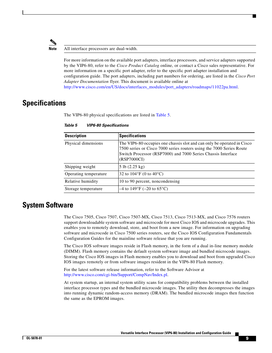 Specifications, System software | Cisco (VIP6-80) User Manual | Page 9 / 40