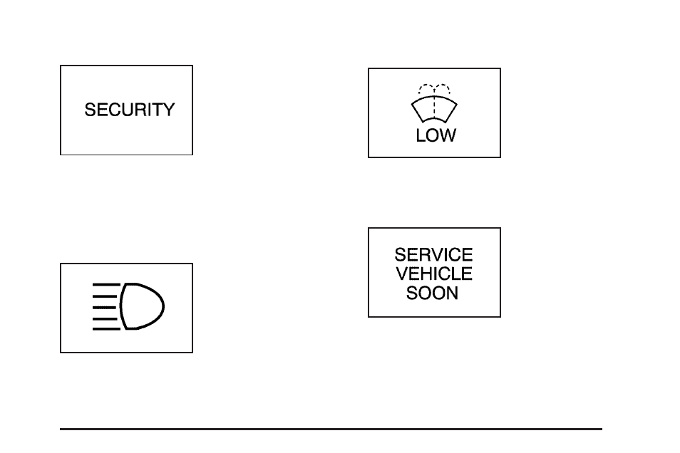 Security light, Highbeam on light, Low washer fluid warning light | Service vehicle soon light | Pontiac 2005 Grand Am User Manual | Page 129 / 334