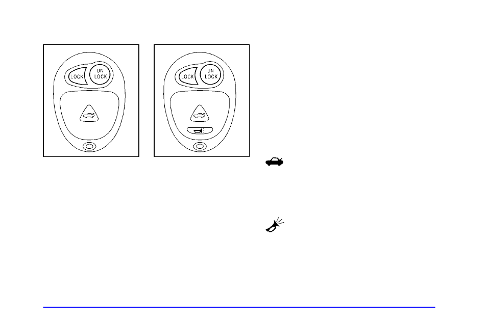 Operation, Remote all door lock, Remote driver's door and all door unlock | Remote trunk release, Remote panic alarm (if equipped) | Pontiac 2002 Grand Prix User Manual | Page 71 / 374