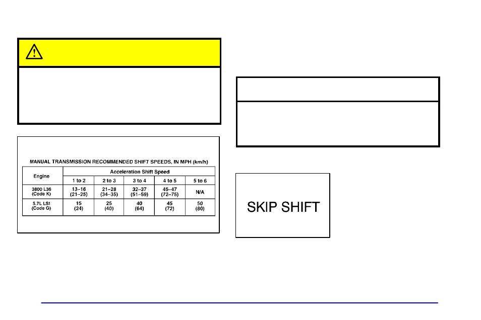 Shift speeds, Skip shift light (5.7l v8 engine), Caution | Notice | Pontiac 2002 Firebird User Manual | Page 98 / 359