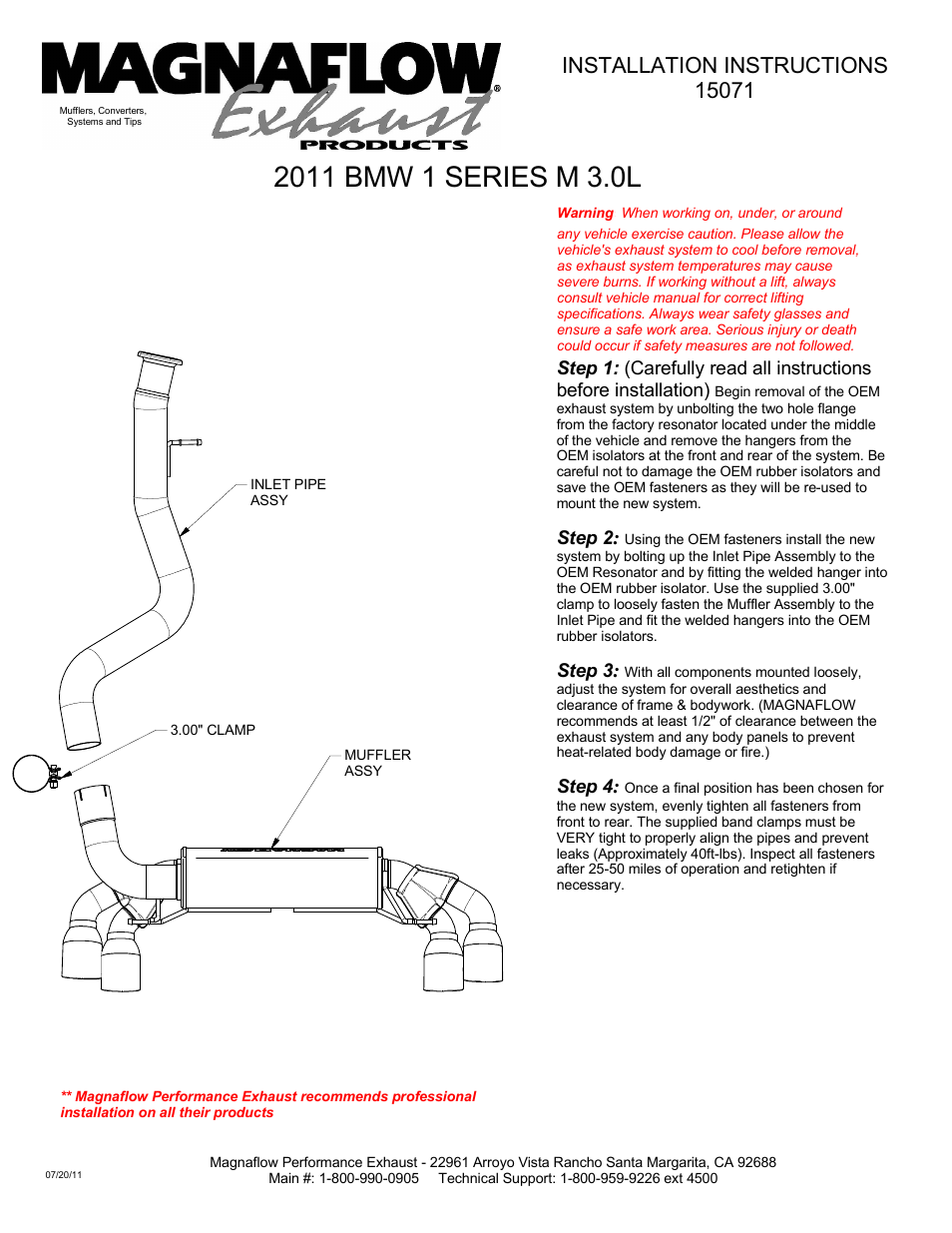 MagnaFlow BMW 1 SERIES M Stainless Cat-Back System PERFORMANCE EXHAUST User Manual | 1 page