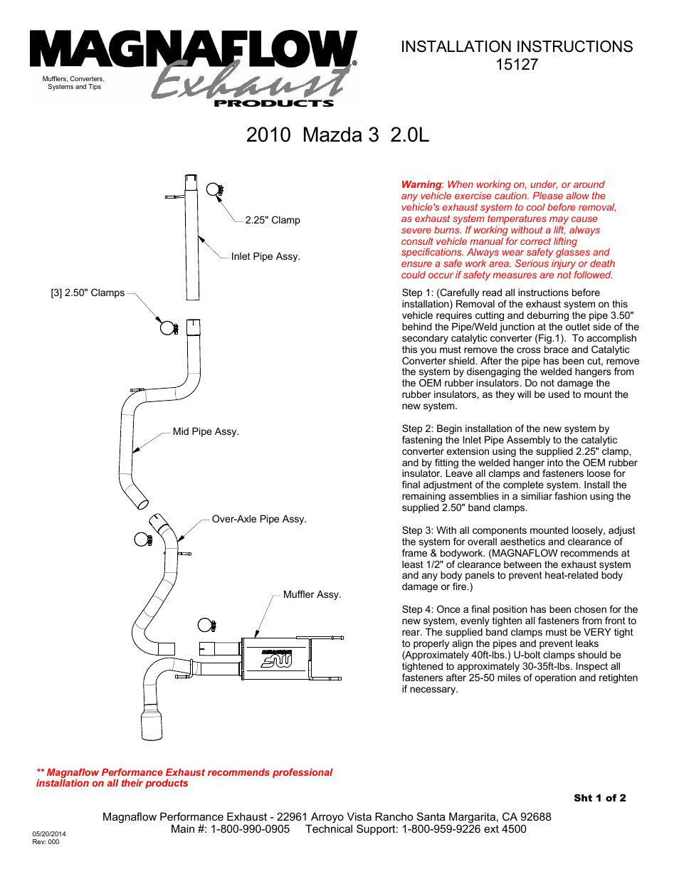 MagnaFlow MAZDA 3 Stainless Cat-Back System PERFORMANCE EXHAUST User Manual | 2 pages