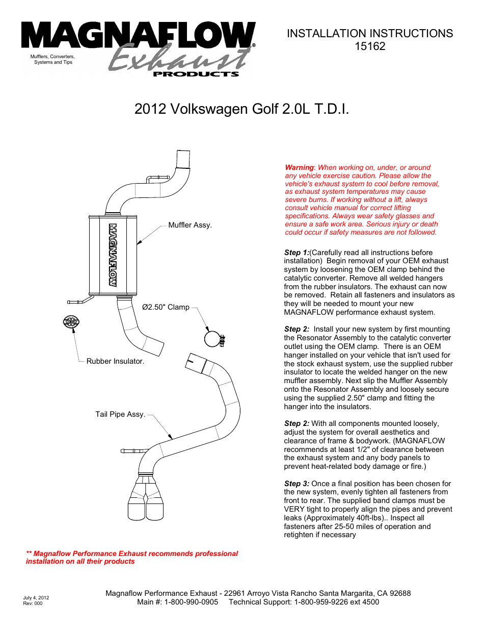 MagnaFlow VOLKSWAGEN GOLF Stainless Cat-Back System PERFORMANCE EXHAUST User Manual | 1 page