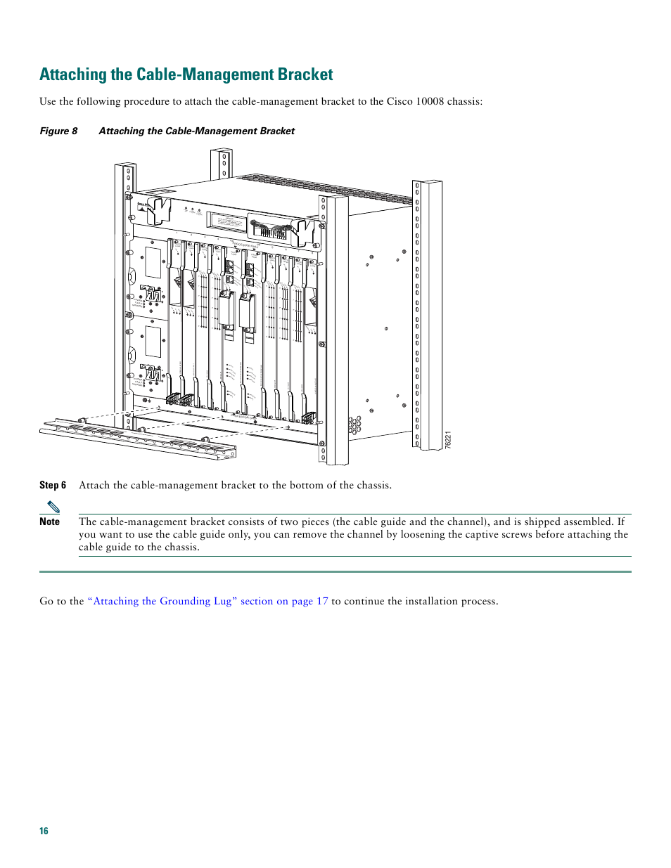 Attaching the cable-management bracket | Cisco 10008 User Manual | Page 16 / 48