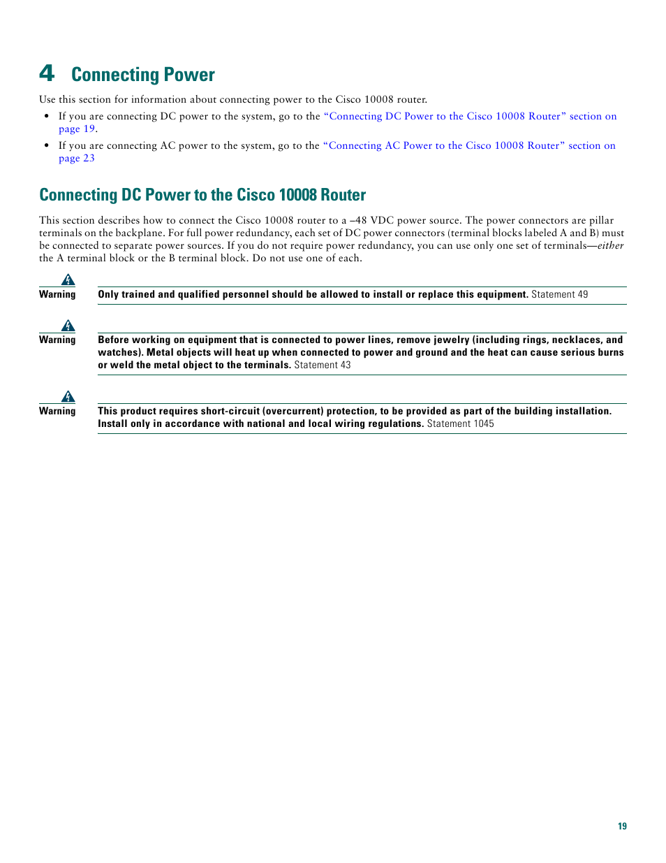 4 connecting power, Connecting dc power to the cisco 10008 router, Connecting power | Cisco 10008 User Manual | Page 19 / 48