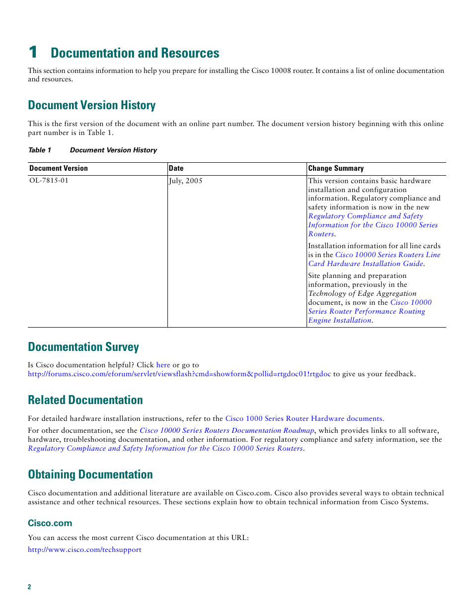 1 documentation and resources, Document version history, Documentation survey | Related documentation, Obtaining documentation, Cisco.com, Documentation and resources | Cisco 10008 User Manual | Page 2 / 48