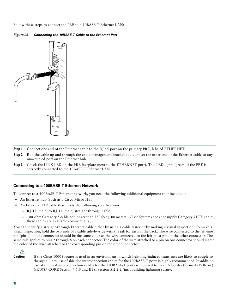 Connecting to a 100base-t ethernet network | Cisco 10008 User Manual | Page 32 / 48