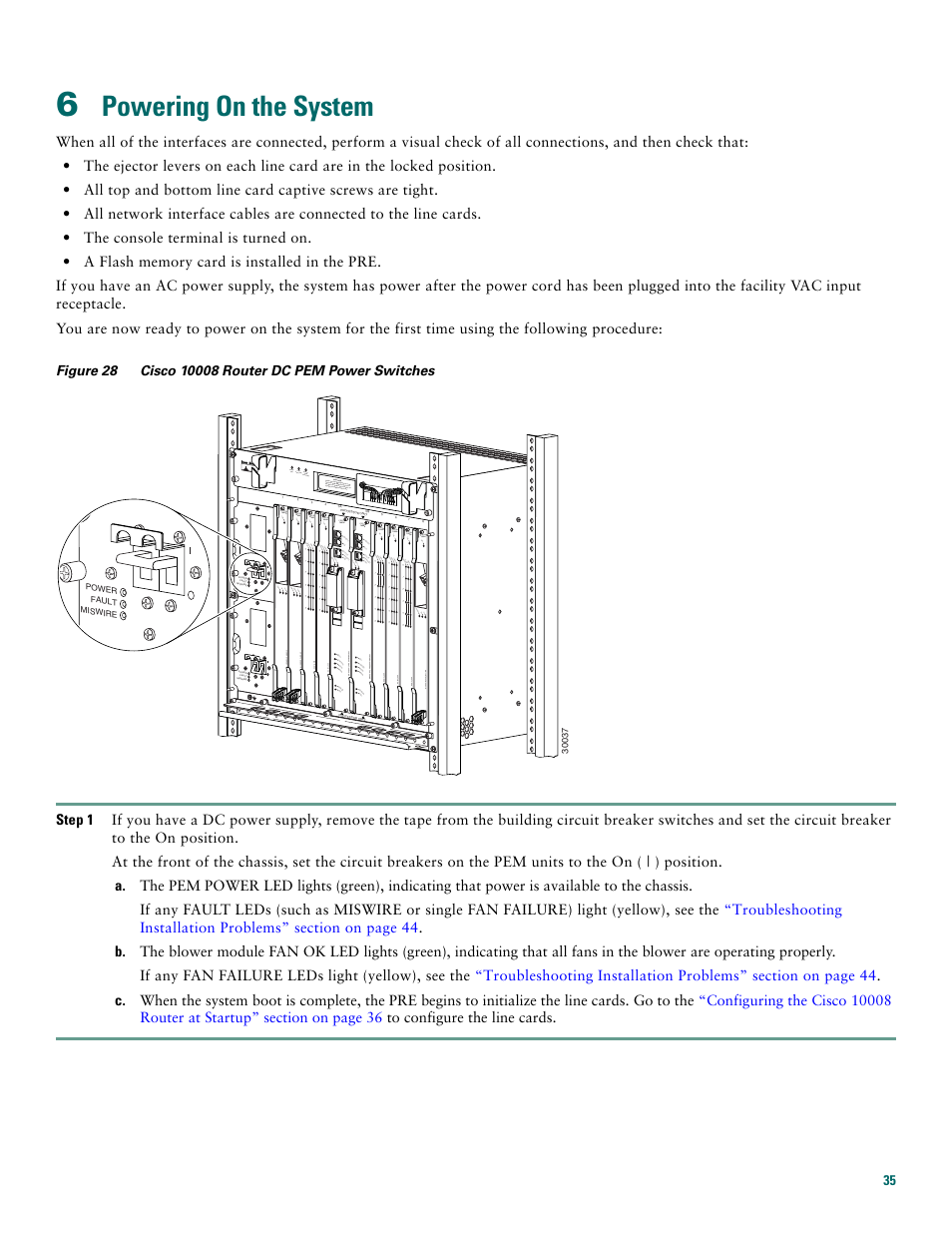 6 powering on the system, Powering on the system | Cisco 10008 User Manual | Page 35 / 48