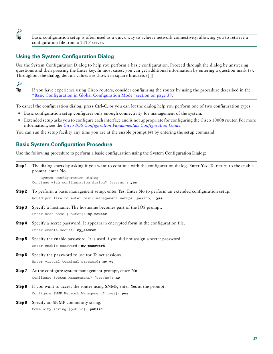 Using the system configuration dialog, Basic system configuration procedure | Cisco 10008 User Manual | Page 37 / 48