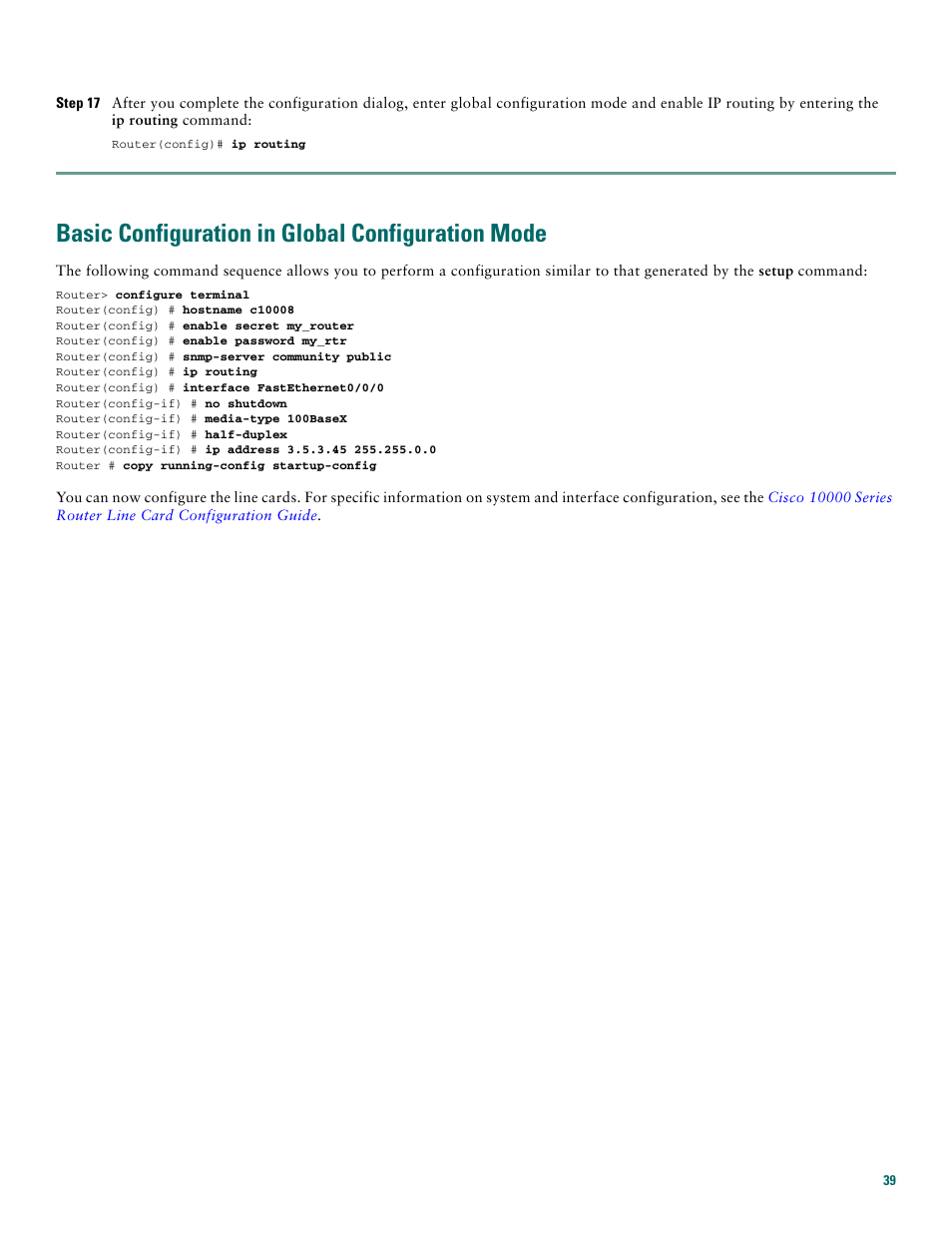 Basic configuration in global configuration mode | Cisco 10008 User Manual | Page 39 / 48