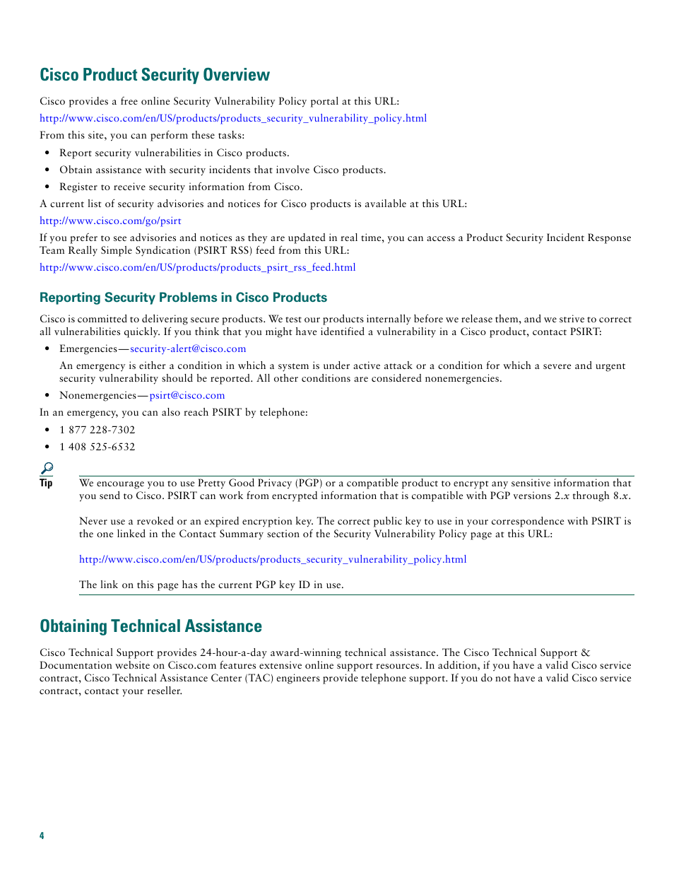 Cisco product security overview, Reporting security problems in cisco products, Obtaining technical assistance | Cisco 10008 User Manual | Page 4 / 48