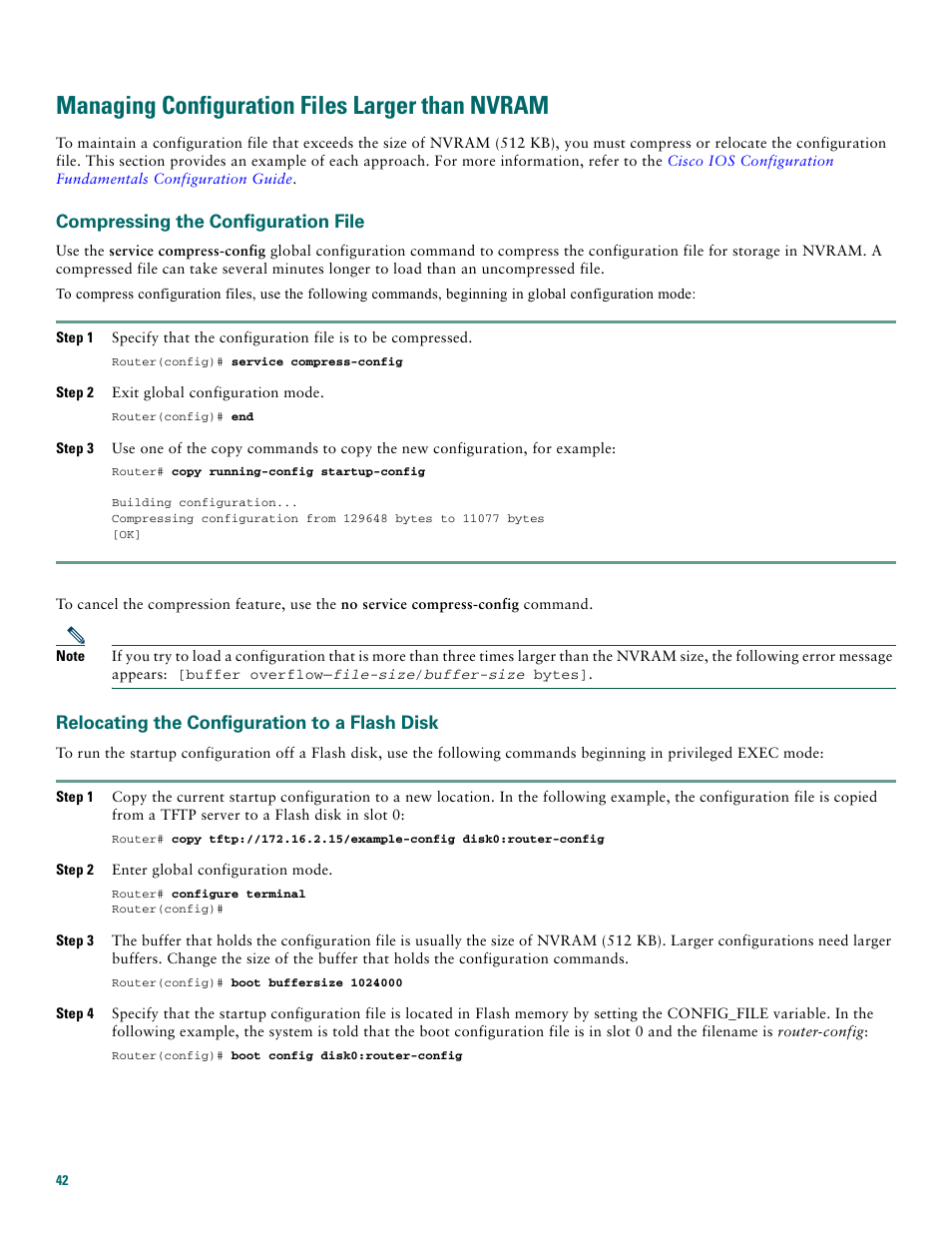 Managing configuration files larger than nvram, Compressing the configuration file, Relocating the configuration to a flash disk | Cisco 10008 User Manual | Page 42 / 48