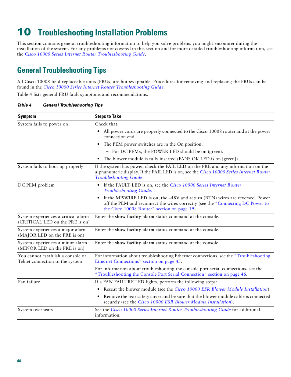 10 troubleshooting installation problems, General troubleshooting tips, Troubleshooting installation problems | See the, Troubleshooting | Cisco 10008 User Manual | Page 44 / 48