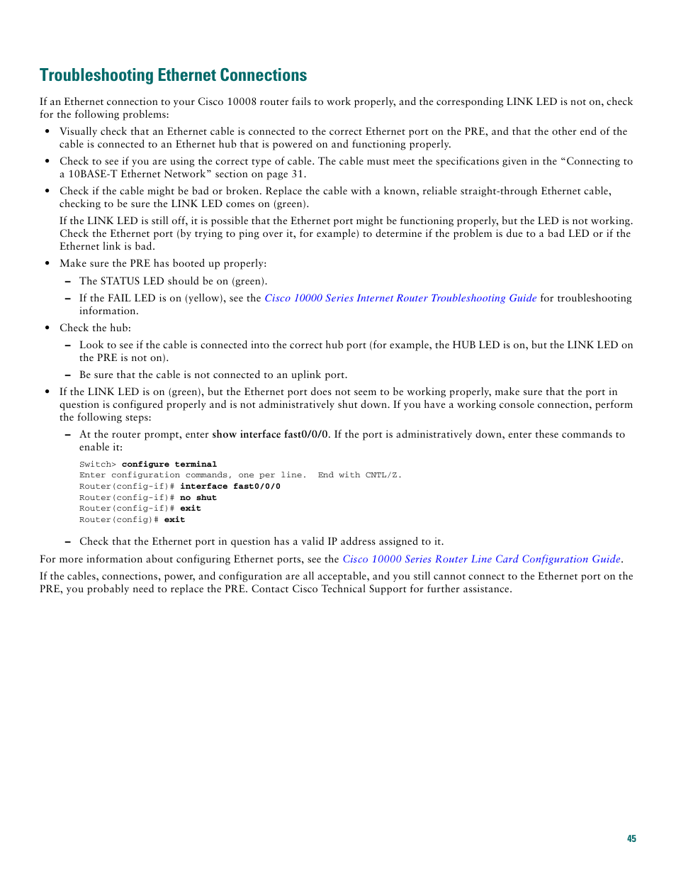 Troubleshooting ethernet connections, Troubleshooting | Cisco 10008 User Manual | Page 45 / 48