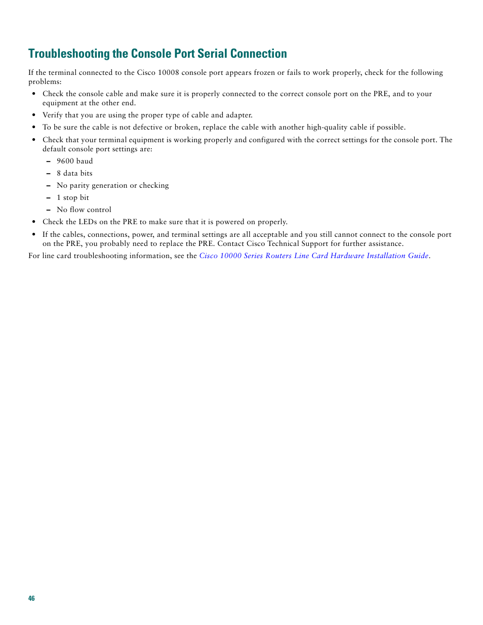 Troubleshooting the console port serial connection | Cisco 10008 User Manual | Page 46 / 48