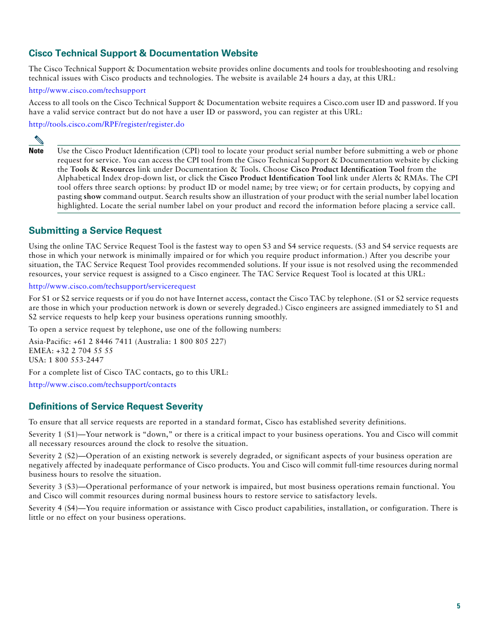 Cisco technical support & documentation website, Submitting a service request, Definitions of service request severity | Cisco 10008 User Manual | Page 5 / 48