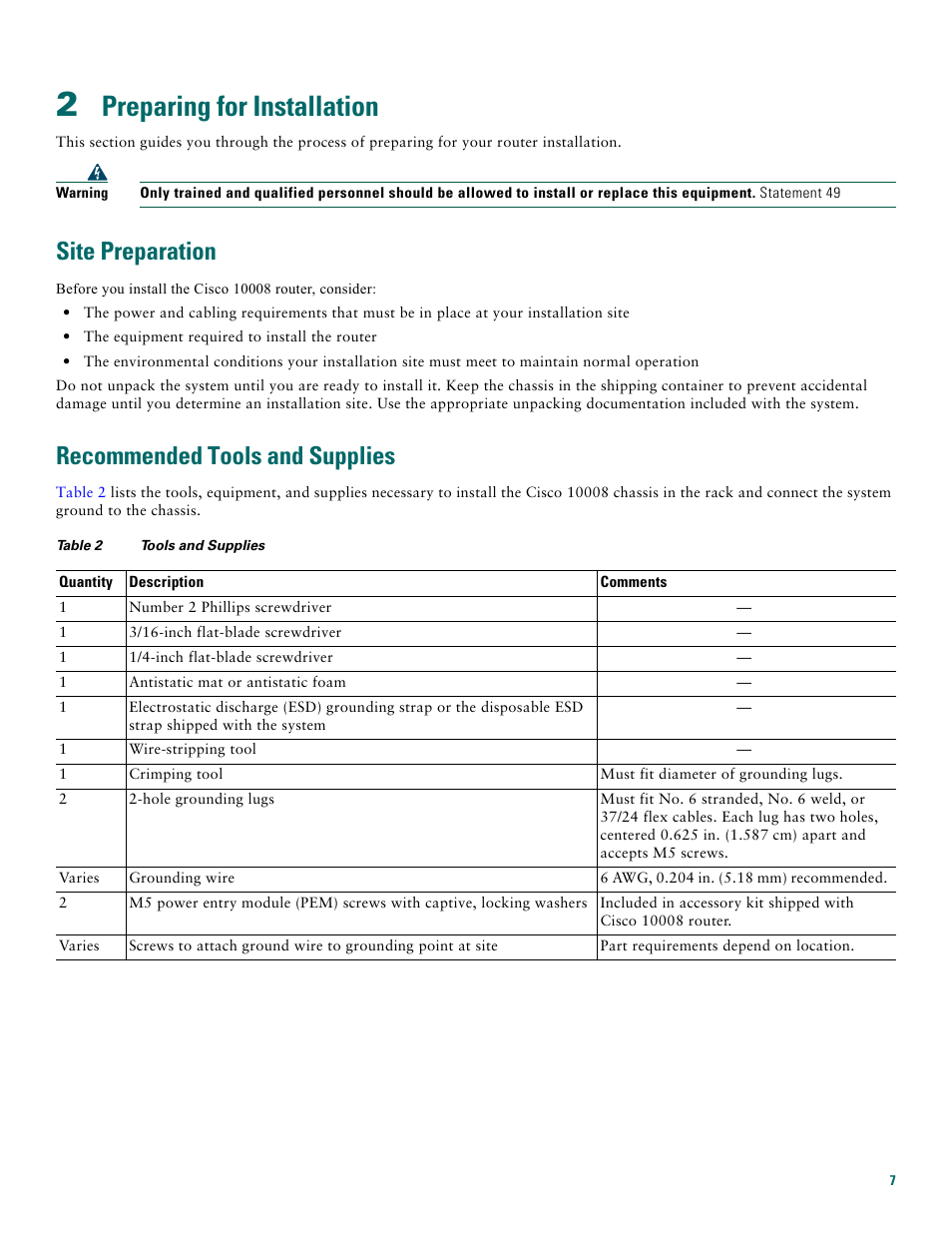 2 preparing for installation, Site preparation, Recommended tools and supplies | Preparing for installation | Cisco 10008 User Manual | Page 7 / 48