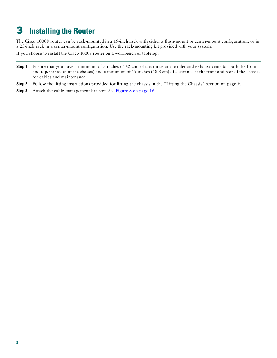 3 installing the router, Installing the router | Cisco 10008 User Manual | Page 8 / 48