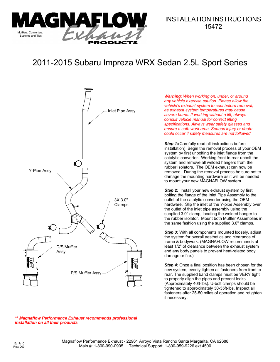 MagnaFlow SUBARU IMPREZA WRX Stainless Cat-Back System PERFORMANCE EXHAUST User Manual | 1 page