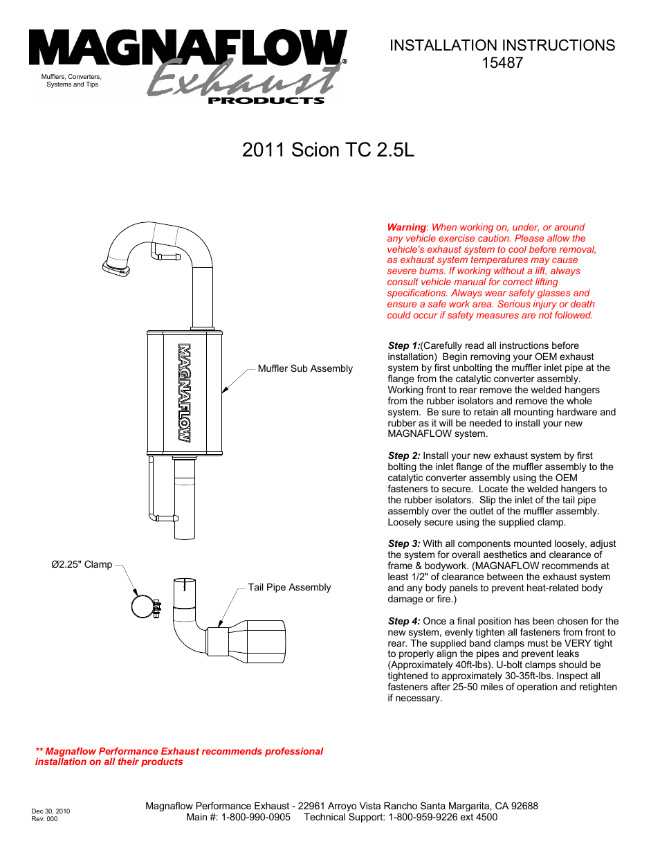 MagnaFlow SCION TC Stainless Cat-Back System PERFORMANCE EXHAUST User Manual | 1 page