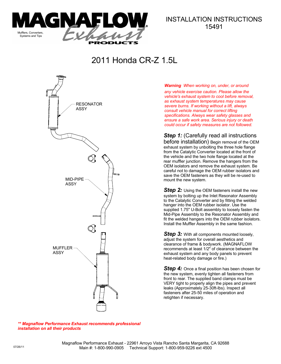 MagnaFlow HONDA CR-Z Stainless Cat-Back System PERFORMANCE EXHAUST User Manual | 1 page