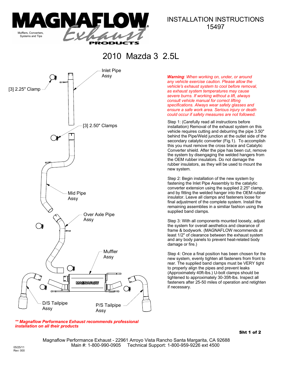 MagnaFlow MAZDA 3 Stainless Cat-Back System PERFORMANCE EXHAUST User Manual | 2 pages