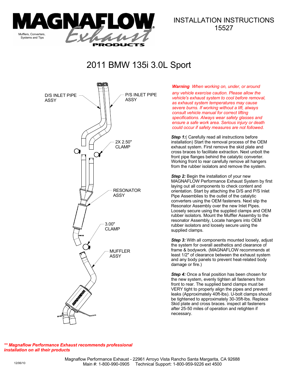 MagnaFlow BMW 135I Stainless Cat-Back System PERFORMANCE EXHAUST User Manual | 1 page