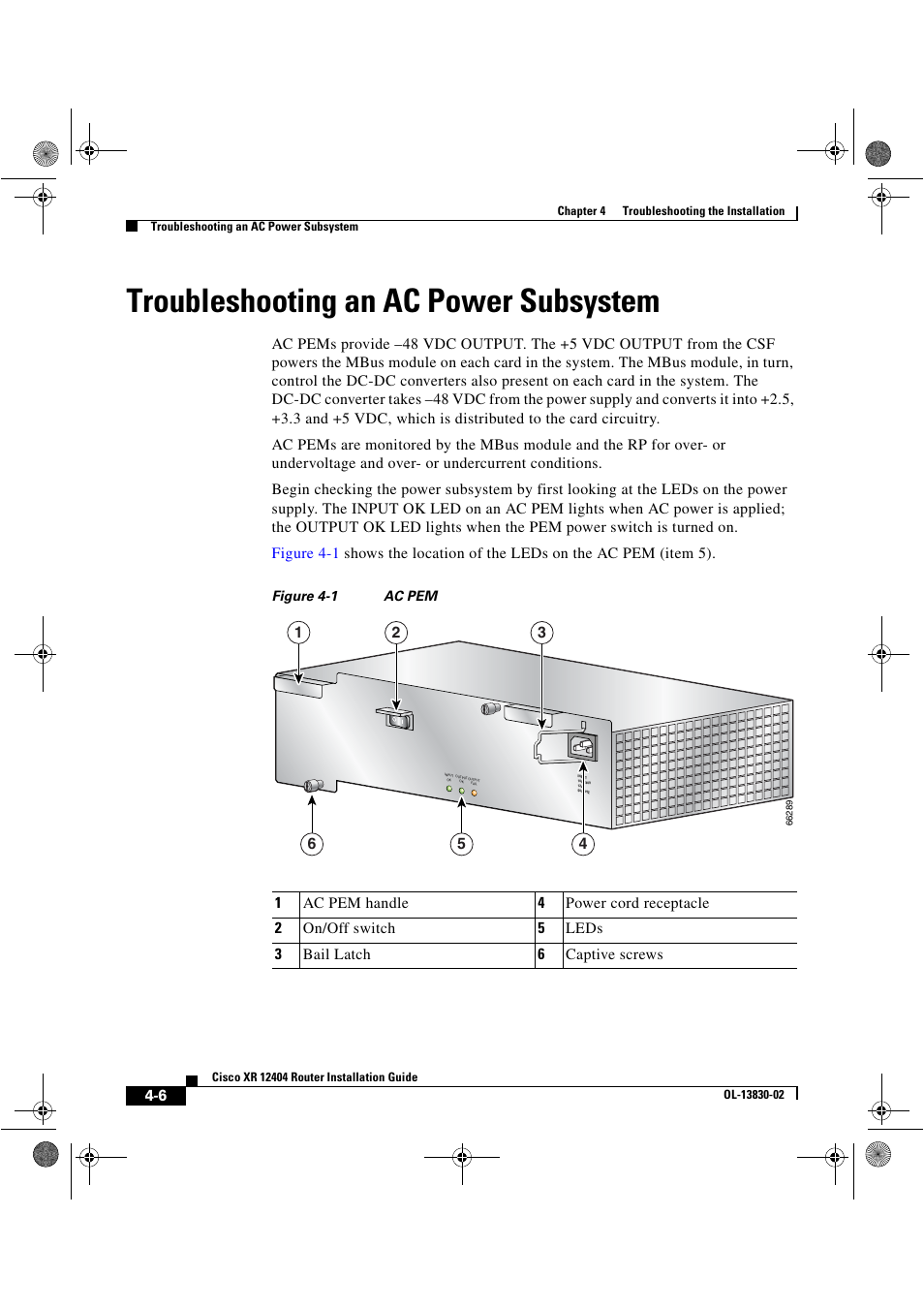 Troubleshooting an ac power subsystem | Cisco XR 12404 User Manual | Page 104 / 178