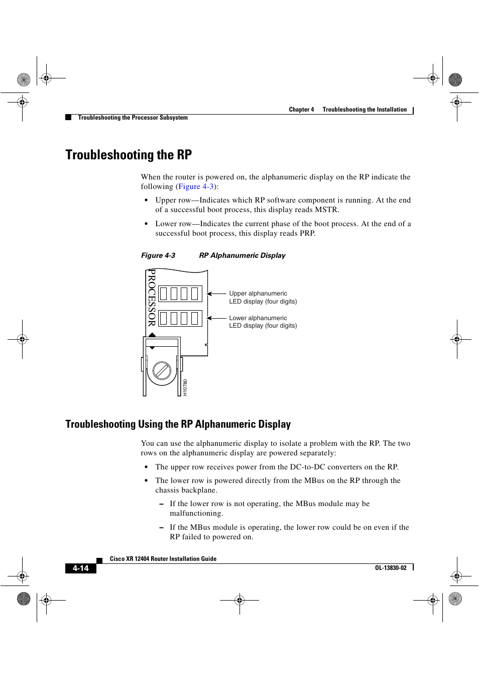 Troubleshooting the rp, Troubleshooting using the rp alphanumeric display, Processor | Cisco XR 12404 User Manual | Page 112 / 178