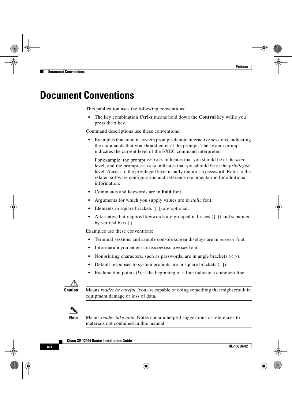 Document conventions | Cisco XR 12404 User Manual | Page 12 / 178