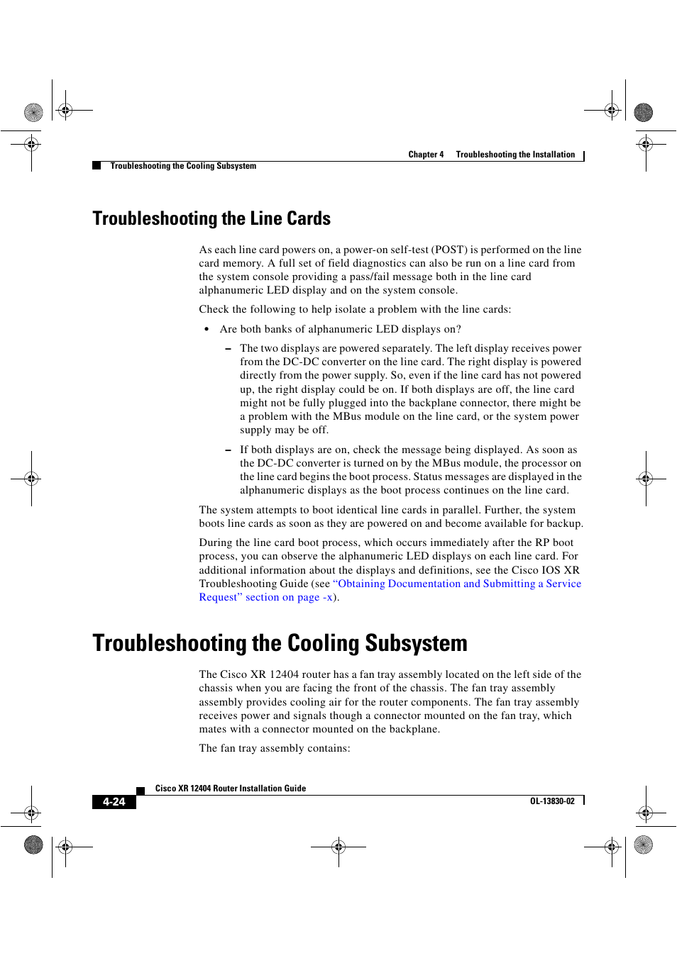 Troubleshooting the line cards, Troubleshooting the cooling subsystem | Cisco XR 12404 User Manual | Page 122 / 178