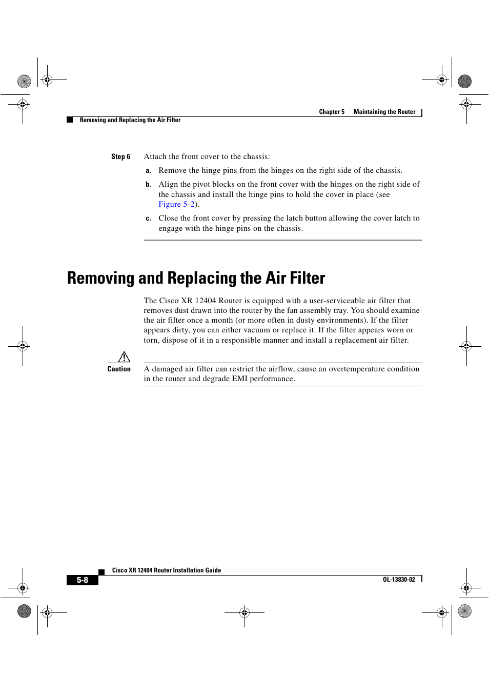 Removing and replacing the air filter | Cisco XR 12404 User Manual | Page 132 / 178