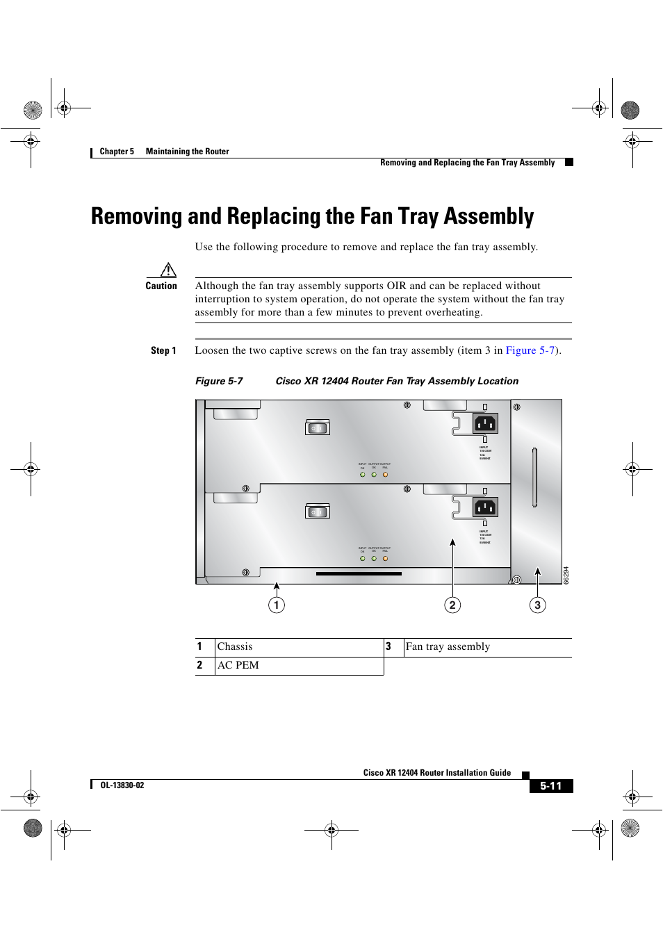 Removing and replacing the fan tray assembly, 1chassis 3 fan tray assembly 2 ac pem | Cisco XR 12404 User Manual | Page 135 / 178